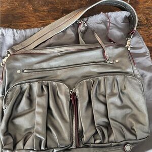 MZ Wallace Hayley, gunmetal metallic shoulder & crossbody bag; nylon & leather